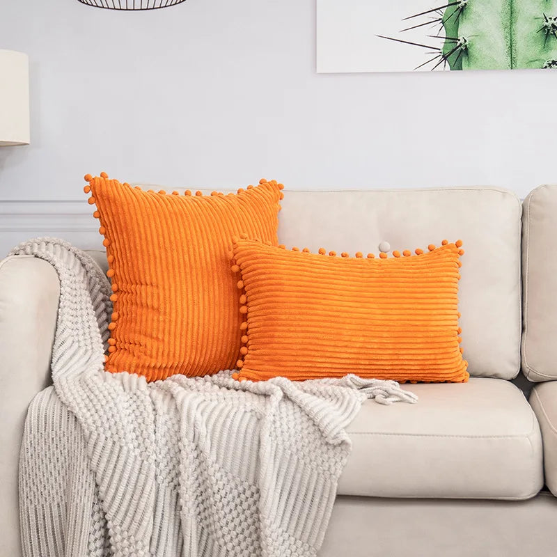 DecorBites™ Beige Striped Cushion Cover with Pom Pom Detail Lumbar Throw Pillow Case