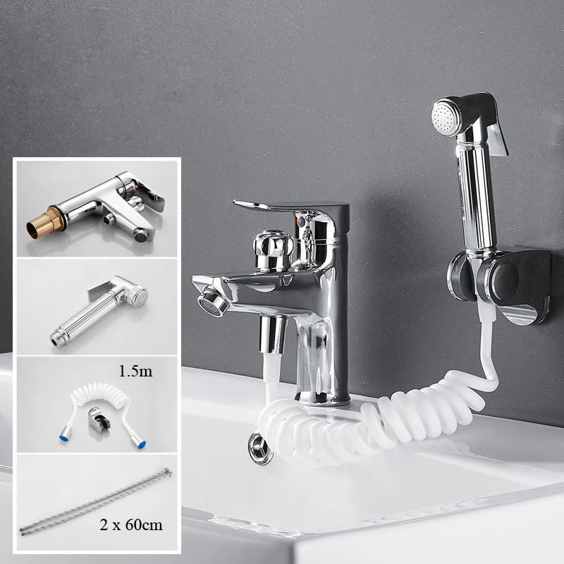 DecorBites™ Black Brass Single Handle Bathroom Basin Faucet with Shower Head, Hot and Cold Mixer Tap