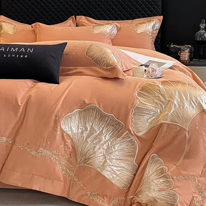 DecorBites™ Gold Ginkgo Leaf Embroidery Bedding Set - 100% Cotton Luxury 4Pcs