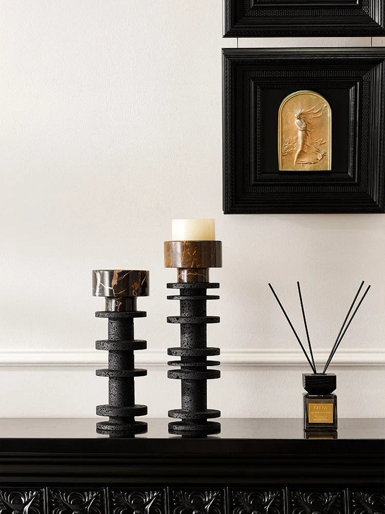 DecorBites™ Black Marble Pillar Candlestick for Elegant Table Centerpieces