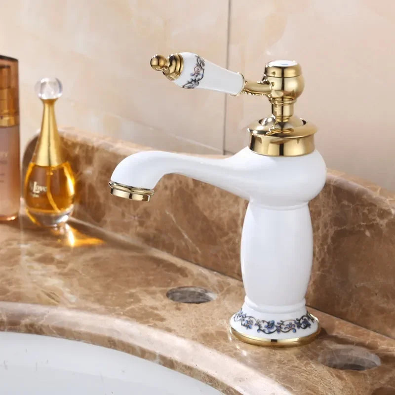 ™ High Quality White Ceramic Basin Faucet with Golden Finish