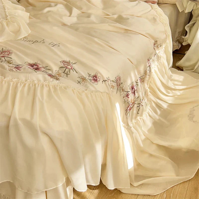 DecorBites™ Beige Pink Lace Embroidery Bedding Set Egyptian Cotton Quilt Duvet Cover Sheet