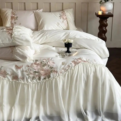 DecorBites™ Luxe Lace Ruffles Wedding Bedding Set Flowers Embroidery Duvet Sheet Pillowcase