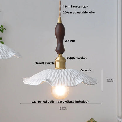 DecorBites™ LED Pendant Light Ash Wood White Ceramic Japanese Style Hanging Lamp