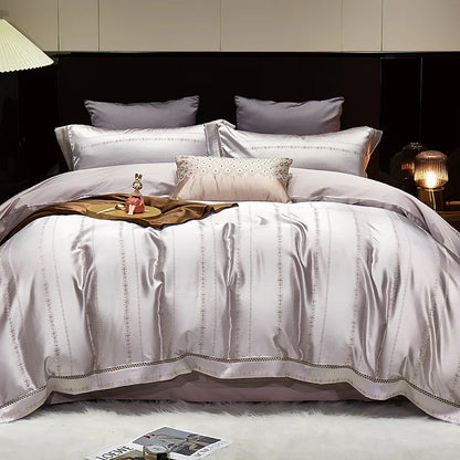 DecorBites™ Gold Leaves Jacquard Cotton Bedding Set with Smooth Egyptian Cotton Duvet Cover