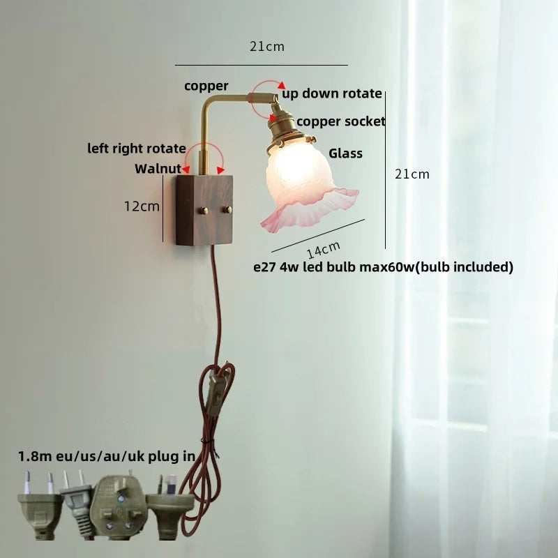DecorBites™ Brass Walnut Wood LED Wall Sconce with Pull Chain Switch & Flower Glass