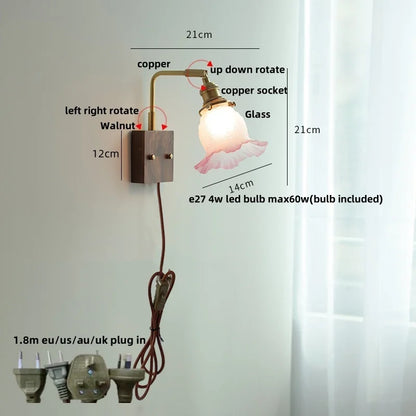 DecorBites™ Brass Walnut Wood LED Wall Sconce with Pull Chain Switch & Flower Glass