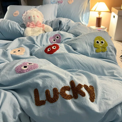 DecorBites™ Cotton Cartoon Towel Embroidery Bedding Set: Quilt Cover, Bed Sheet, Pillowcases