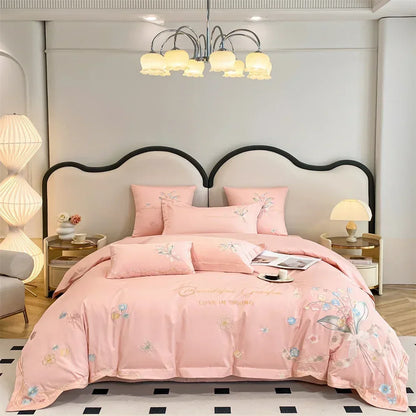 DecorBites™ Butterfly Flowers Embroidery Cotton Bedding Set, 4pcs King Queen Size.