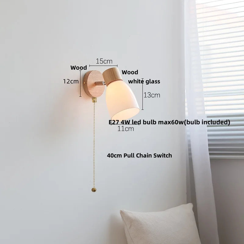 DecorBites™ Amber Glass LED Wall Sconce Nordic Modern Wood Pull Chain Switch Stair Light