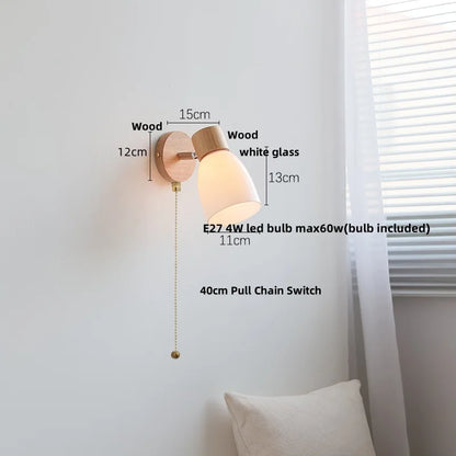 DecorBites™ Amber Glass LED Wall Sconce Nordic Modern Wood Pull Chain Switch Stair Light