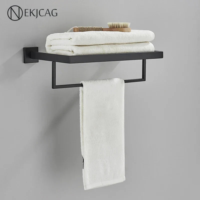 DecorBites™ Black Bathroom Set: Towel Holder, Paper Holder, Gold Rod, Robe Hook - Stainless Steel Accessories