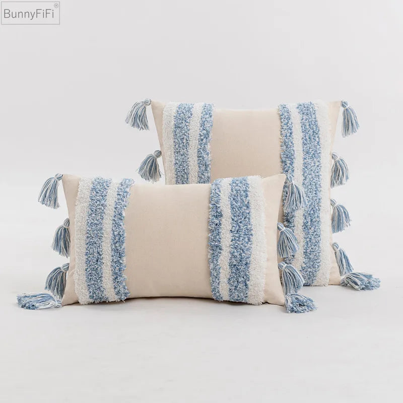 DecorBites™ Blue Grey Stripe Tufted Cushion Cover 45x45cm/30x50cm for Home Decoration