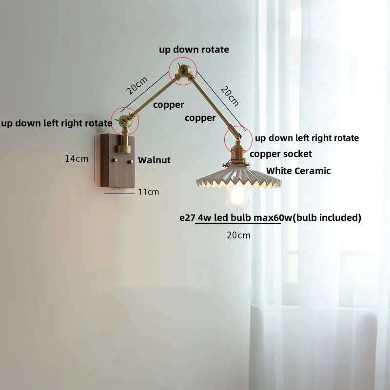 DecorBites™ Ceramic LED Wall Light Rotatable Walnut Bedside Lamp