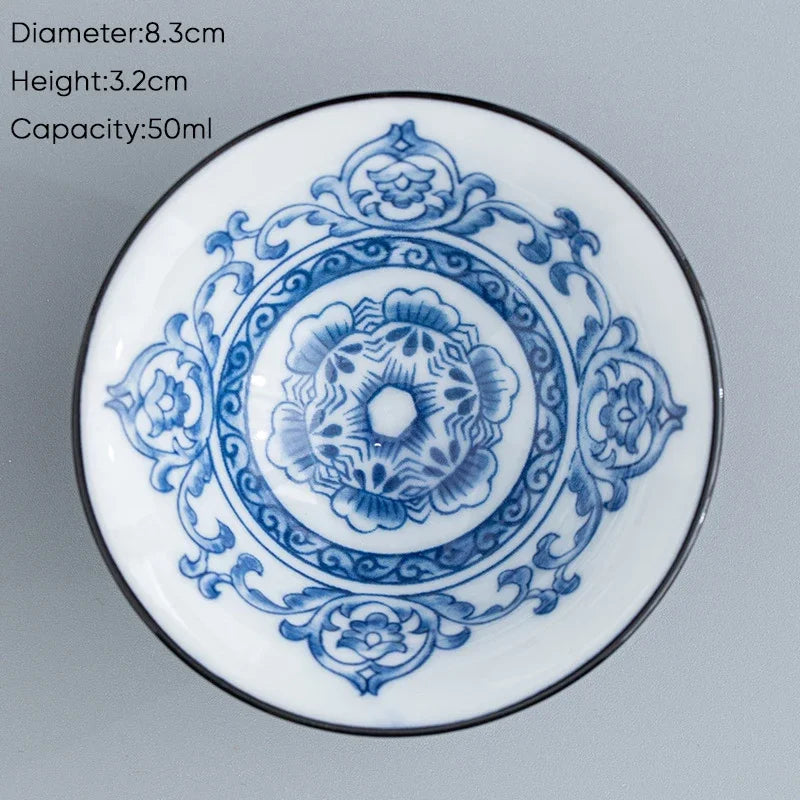 DecorBites™ Blue & White Ceramic Kung Fu Tea Cup, Japanese Style Porcelain Sake Espresso Mug