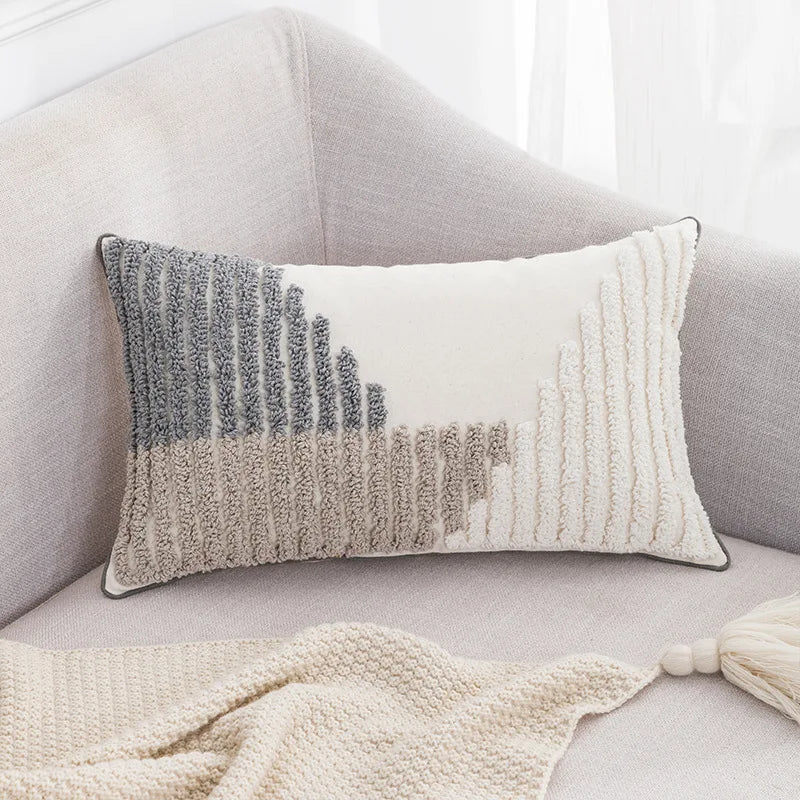 DecorBites™ Boho Tufted Embroidered Cotton Canvas Cushion Cover Grey Beige Tassel Pillowcase