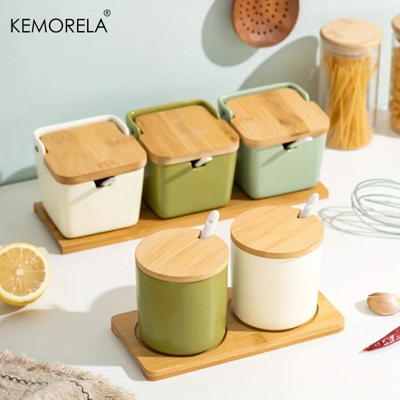 ™ Japanese Retro Ceramic Seasoning Jar Set with Tray - 3-Piece Kitchen Organizer