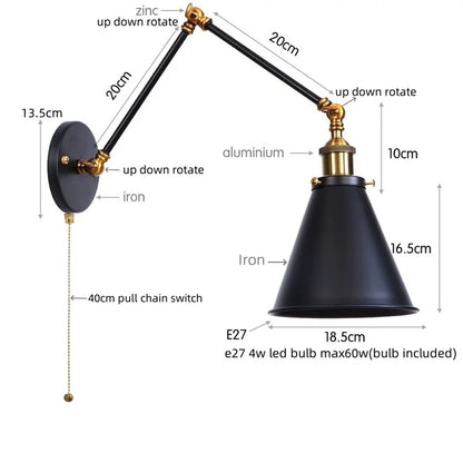 DecorBites™ LED Long Arm Wall Lamp with Pull Chain Switch for Home Hotel Bathroom