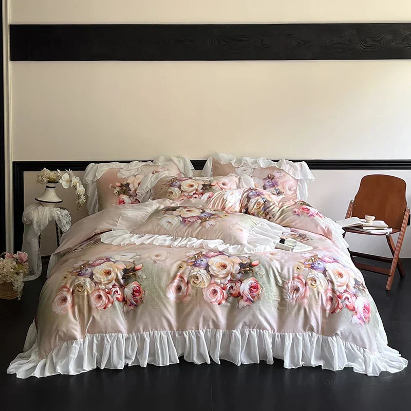 DecorBites™ French Flowers Lace Ruffles Bedding Set: Soft Silky Ice Silk for Single Queen King