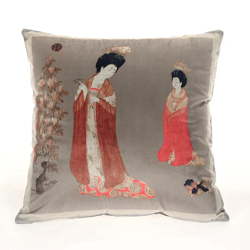 DecorBites™ Ancient Chinese Beauty Girl Velvet Satin Throw Pillow Cover 45x45cm