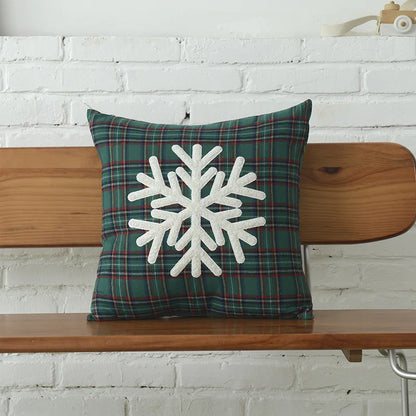 DecorBites™ Christmas Plaid Cotton Cushion Cover with Letter Snowflake Embroidery
