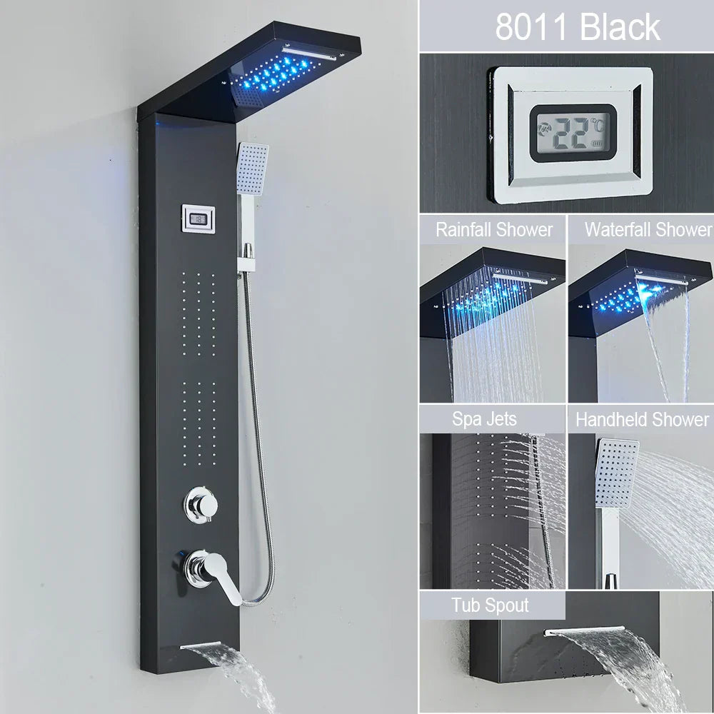 DecorBites™ Black LED Waterfall Rain Shower Panel Faucet Set with Massage Jets