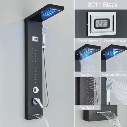 DecorBites™ Black LED Waterfall Rain Shower Panel Faucet Set with Massage Jets