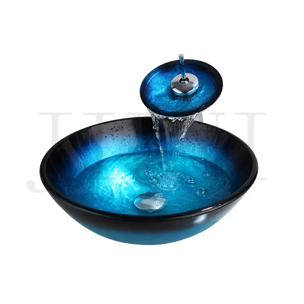 DecorBites™ Blue Tempered Glass Basin Sink Set with Faucet for Bathroom Counter Top