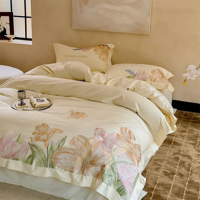 DecorBites™ 100S Egyptian Cotton Embroidery Bed Linens Set for Queen King Euro Size