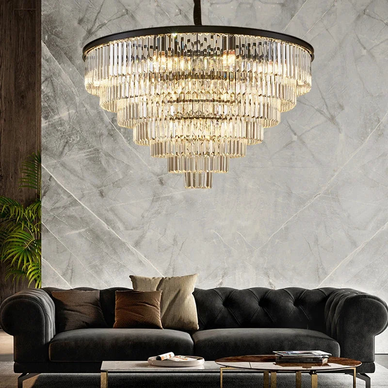 DecorBites™ Black Gold Crystal Ceiling Chandelier: Modern LED Pendant Light for Luxe Living Spaces