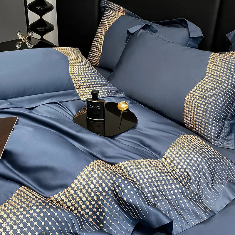DecorBites™ 1000TC Cotton Embroidery Luxury Bedding Set in Blue White Champagne