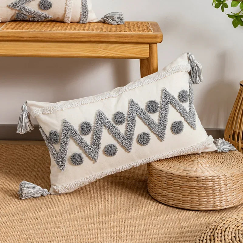 DecorBites™ Geometric Tufted Tassel Cushion Cover White Grey Bohemian Decor Pillow Cover