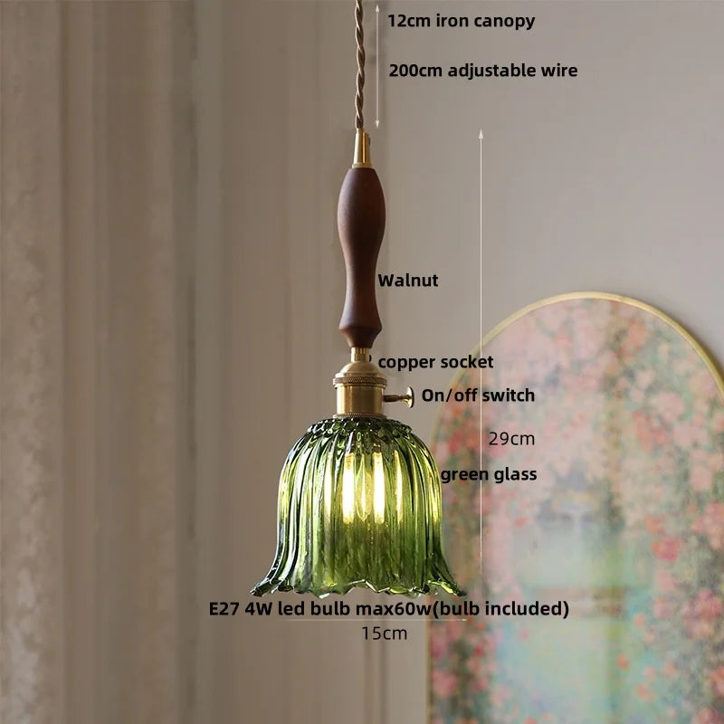 DecorBites™ Green Glass LED Pendant Lamp | Modern Nordic Wood Walnut | Brass Knob Switch | Hanging Light