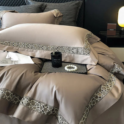 DecorBites™ Brown Lace Embroidery Bedding Set, 4Pcs, 1200TC Egyptian Cotton