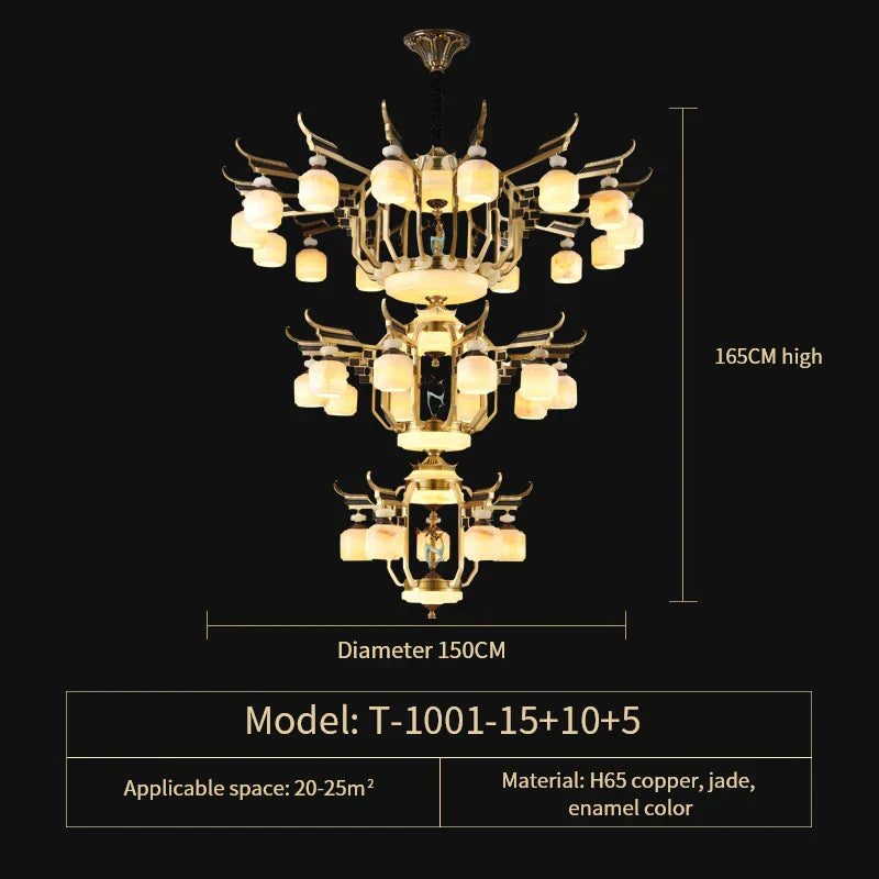 DecorBites™ All Copper Jade Chandelier for Villa Living Room, Dining Room - Chinese Style Duplex Copper Lamp