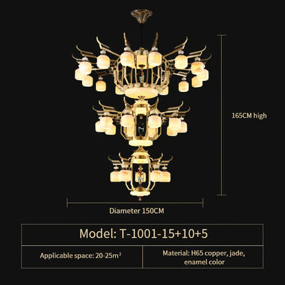 DecorBites™ All Copper Jade Chandelier for Villa Living Room, Dining Room - Chinese Style Duplex Copper Lamp