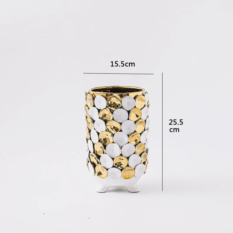 DecorBites™ Geometric Gold Leaf Relief Ceramic Vase - Elegant Hand-Appliqued Flower Pot Home Decor
