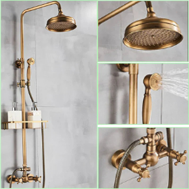 DecorBites™ Antique Brass Shower Faucet Set with 8'' Rainfall Head & Swivel Spray