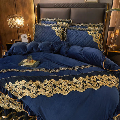 DecorBites™ Black Gold Lace Duvet Set, Luxury Crystal Velvet, Quilted Embroidery, Ruffle Bedding