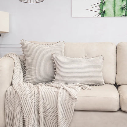 DecorBites™ Beige Striped Cushion Cover with Pom Pom Detail Lumbar Throw Pillow Case