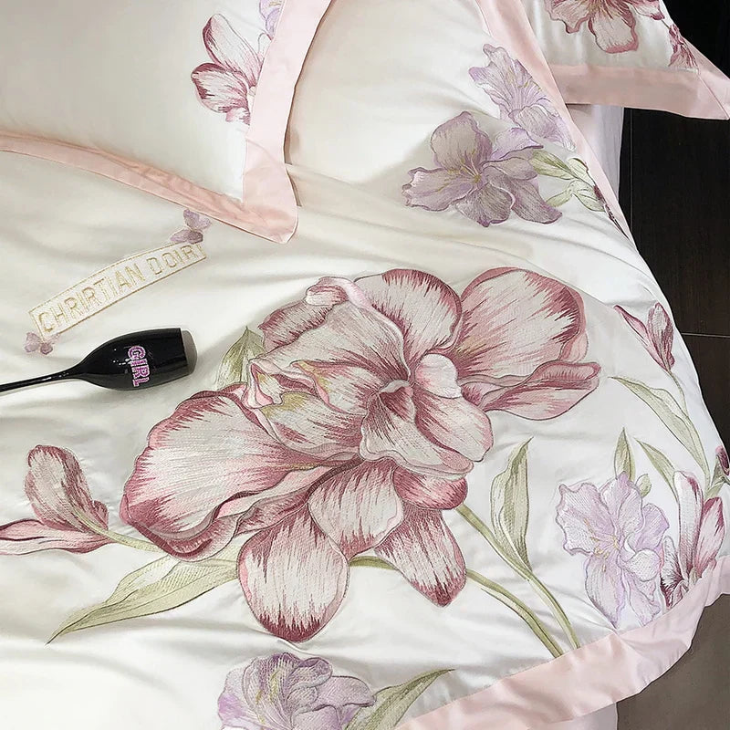 DecorBites™ Blooming Flowers Embroidery Bedding Set 600TC Egyptian Cotton Duvet Cover Queen King