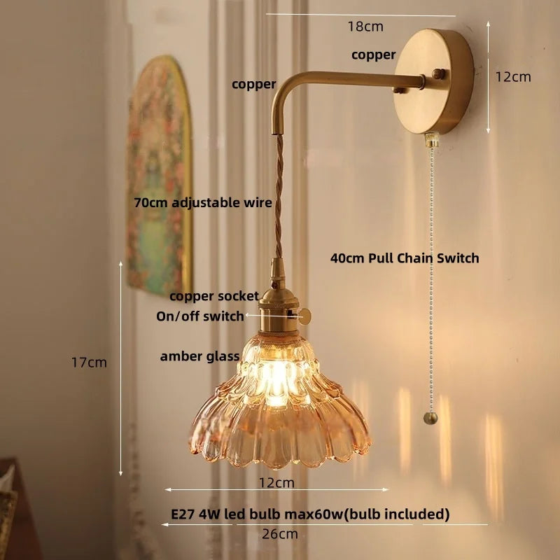 DecorBites™ Amber Glass LED Wall Light with Pull Chain Switch, Modern Nordic Flower Wall Sconce