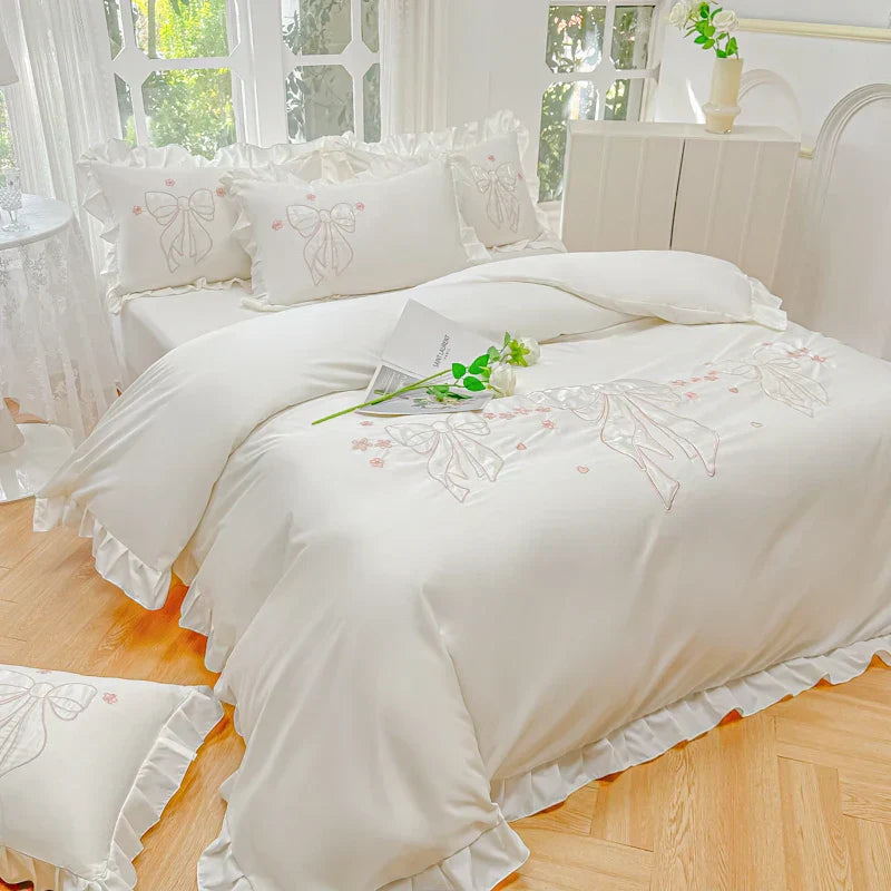 DecorBites™ Ice Silk Embroidered Ruffles Duvet Set with Cool & Skin-Friendly Feel