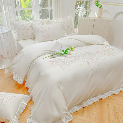 DecorBites™ Ice Silk Embroidered Ruffles Duvet Set with Cool & Skin-Friendly Feel