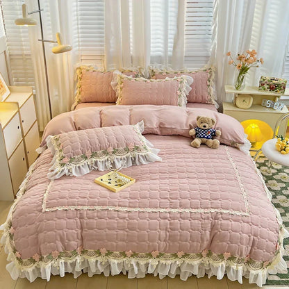 ™ Korean Princess Bedding Set: Flowers, Lace, Ruffles, Embroidery, Quilted, Duvet Cover, Bedspread