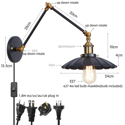 DecorBites™ Gold Industrial LED Wall Lamp with Pull Chain Switch for Home Decor