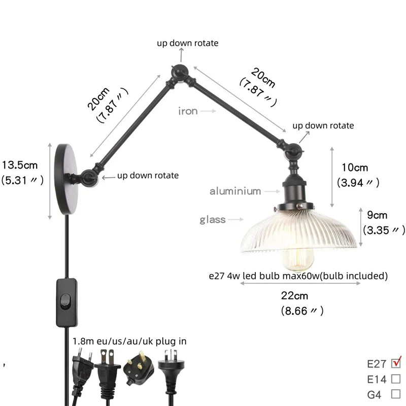 DecorBites™ Industrial Loft Swing Arm Wall Sconce Clear Glass Pull Chain Switch Bedside Lamp