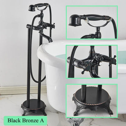 DecorBites™ Brass Freestanding Bathtub Filler with Handshower, Dual Handles & Shower Set