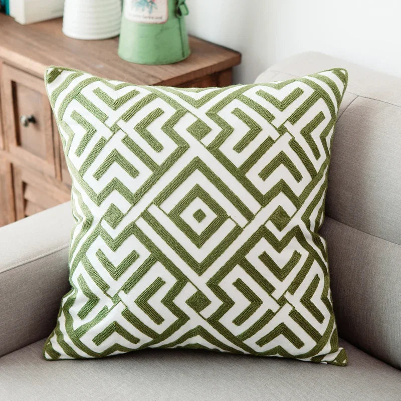 ™ Green Geometric Canvas Cotton Embroidered Cushion Cover 45x45cm
