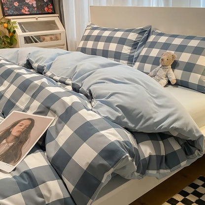 ™ Japanese Grid Printed Cotton Bedding Set in Queen/King for Cozy Sleep